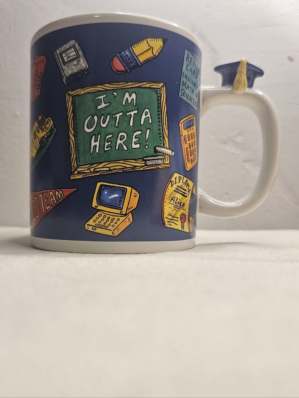 I'm Outta Here! Graduation Mug in Navy & Yellow